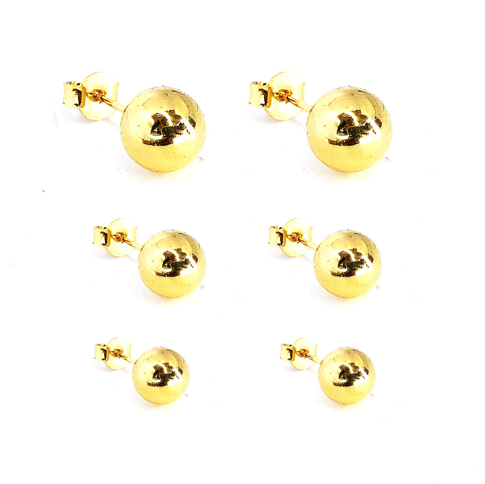 Trio de Brincos de Bolinhas 10mm/ 8mm/ 4mm Banhado à Ouro, com banho de 5 milésimos.