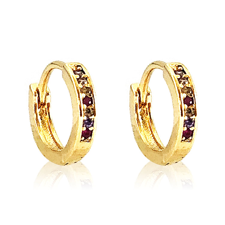 Brinco de Argolinha 14mm com Zircônia Colorida Banhado à Ouro, com banho de 5 milésimos.