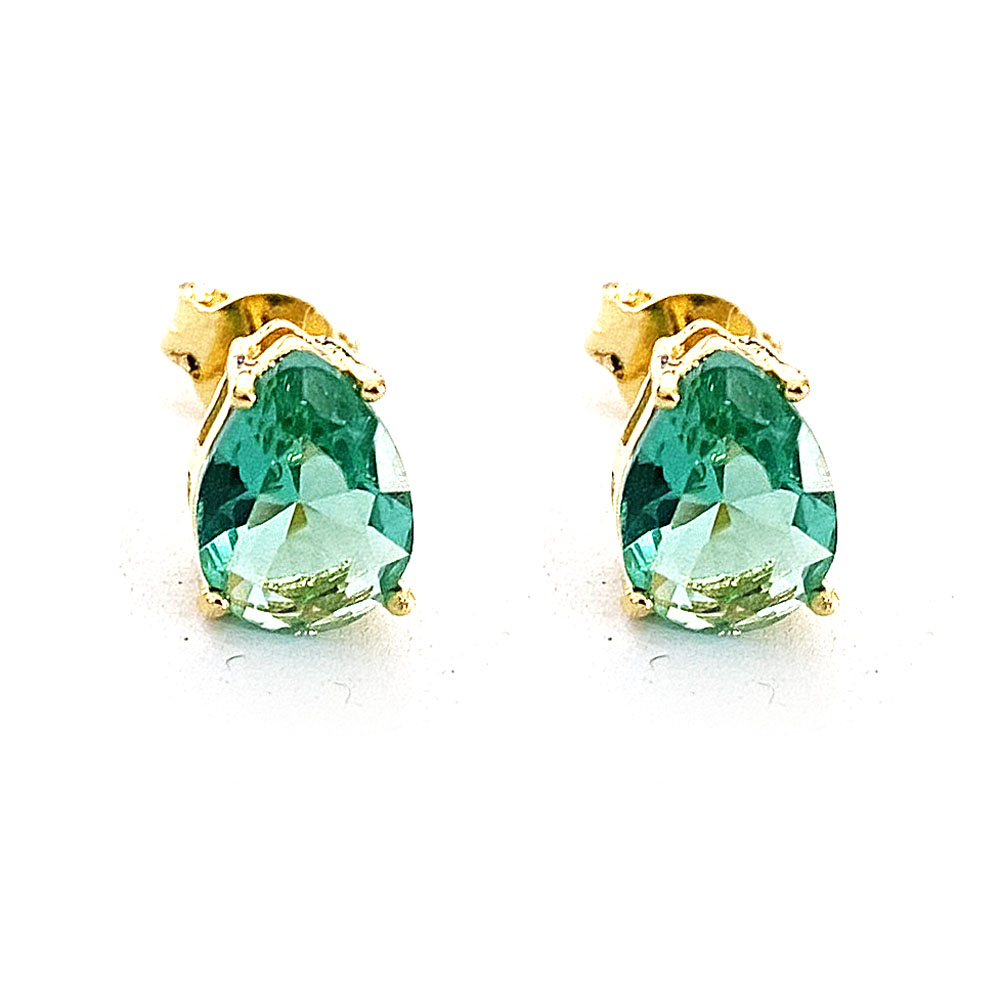 Brinco Ponto de Luz Gota 6x8mm Zircônia Verde Turmalina Banhado à Ouro