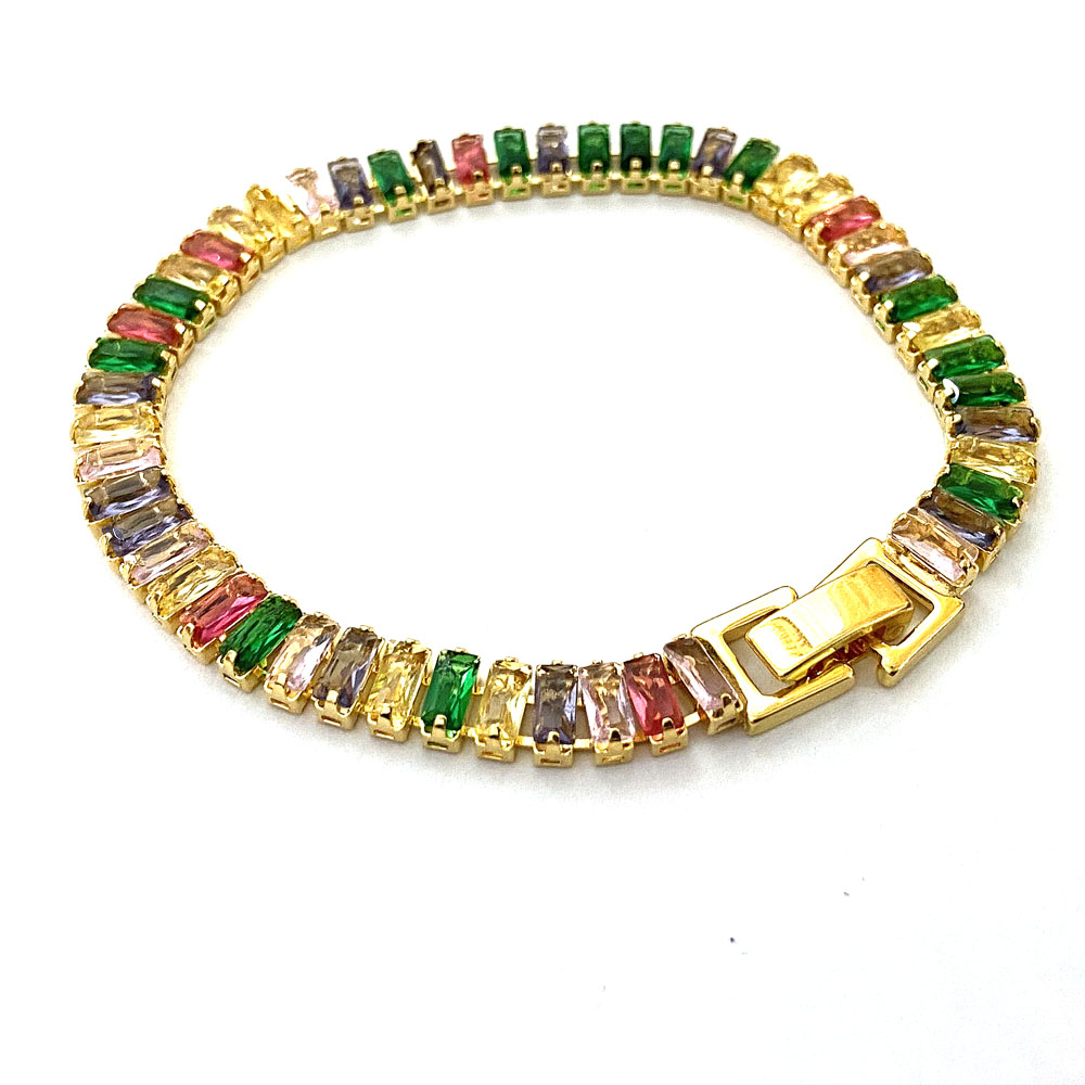 Pulseira Riviera 18 Cm Zircônia Baguete 6x3mm Colorida Banhada à Ouro ...