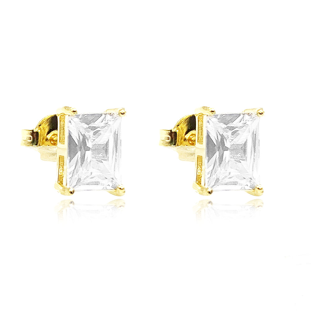 Brinco Baguete 6x8mm Zircônia Cristal Banhado à Ouro - Ouro