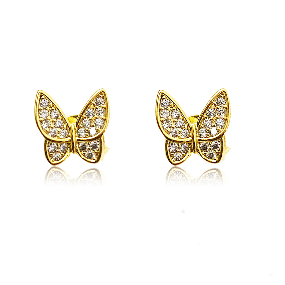 Brinco Borboleta 9mm Micro Cravejado em Zircônias Banhado à Ouro - Ouro