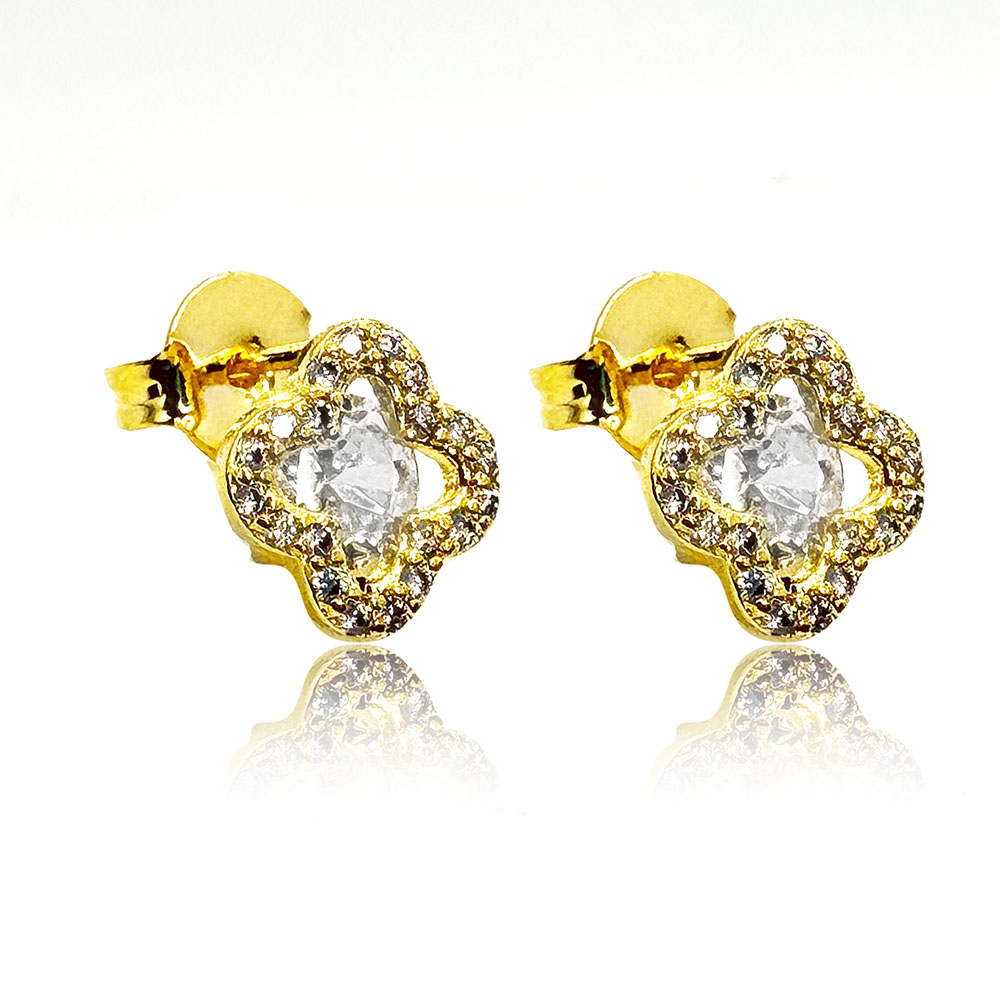 Brinco Trevo Inspiração V. C. 8mm Micro Cravejado Zircônia Solitária Banhado à Ouro - Ouro