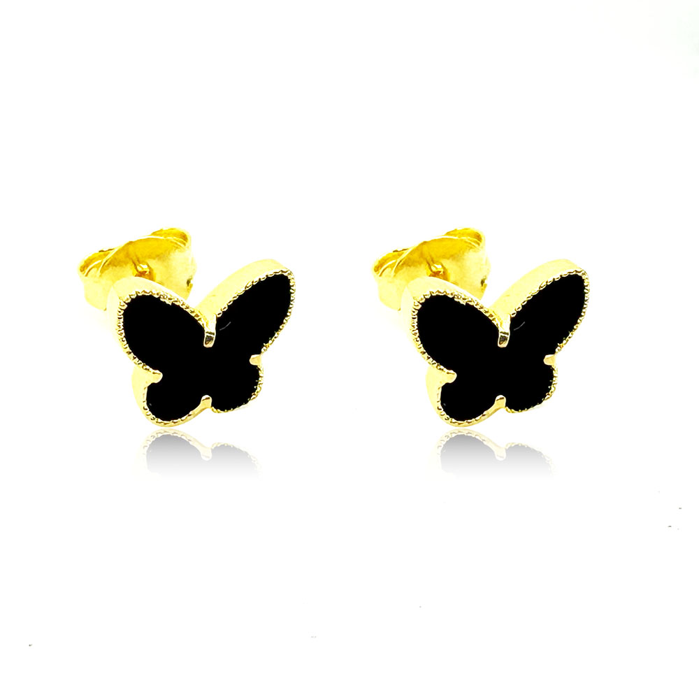 Brinco Borboleta 8x10mm Resina Preta Banhado à Ouro - Ouro