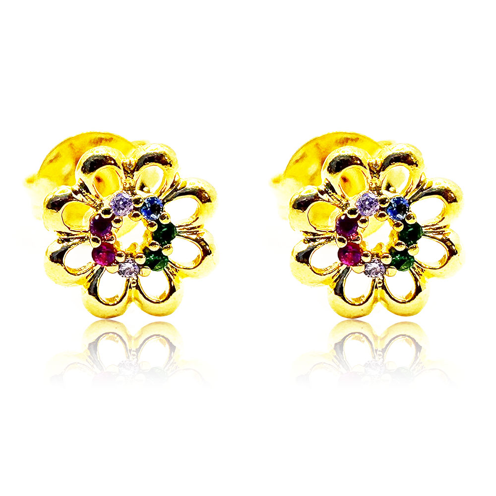 Brinco Flor Vazada 8mm Micro Cravejada em Zircônias Coloridas Banhado à Ouro - Ouro