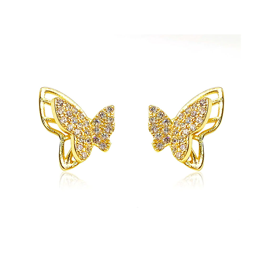 Brinco Borboleta 3D 9mm Cravejado Zircônias Cristal Banhado à Ouro - Ouro
