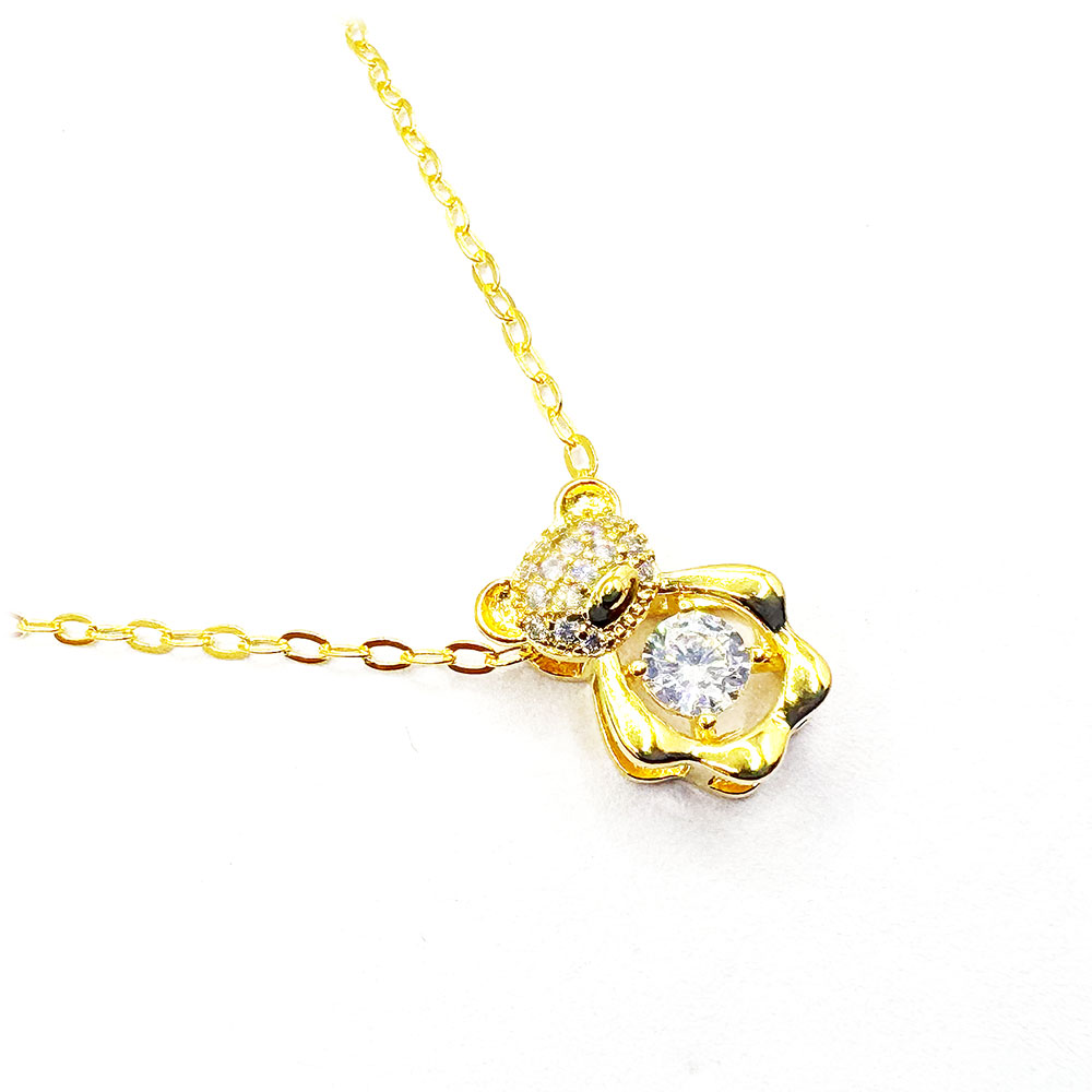 Colar Elos Cadeado 45+5cm Pingente Urso Passante Cravejado em Zircônia Banhado à Ouro - Ouro