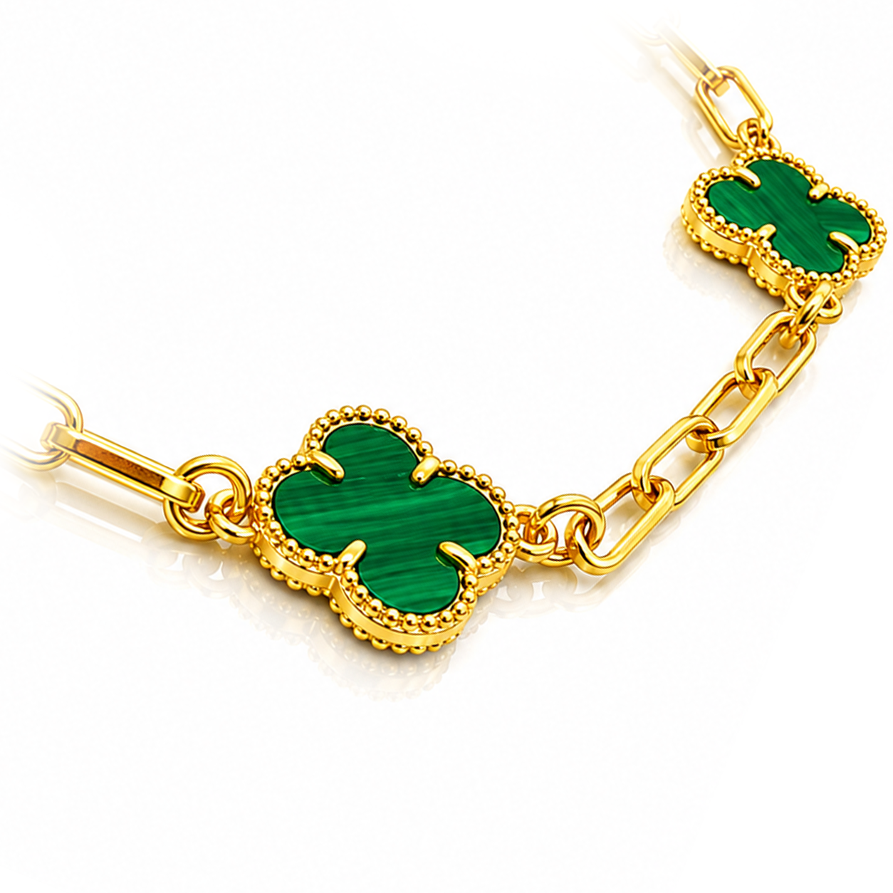 Corrente 70cm  Elos Cadeado 4mm 5 trevos resinados 10mm Verde Banhado à Ouro